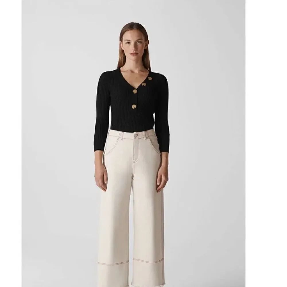 WHISTLES Button Detail Ribbed Sweater in black size